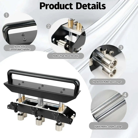 Three Station Edge Roller Bender with sturdy handles, adjustable rollers for sheet metal, showing details for metal roofing projects.