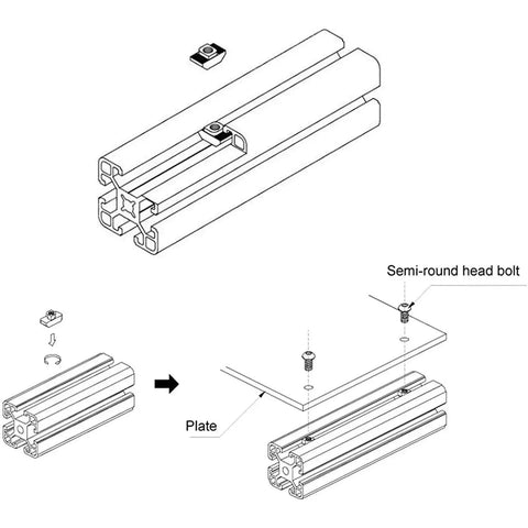 Diagram of 100 Pcs M8 T Slot Nuts Hammer Head Fasteners for 4040 Aluminum Profiles Nickel Plated Carbon Steel Rust Resistant
