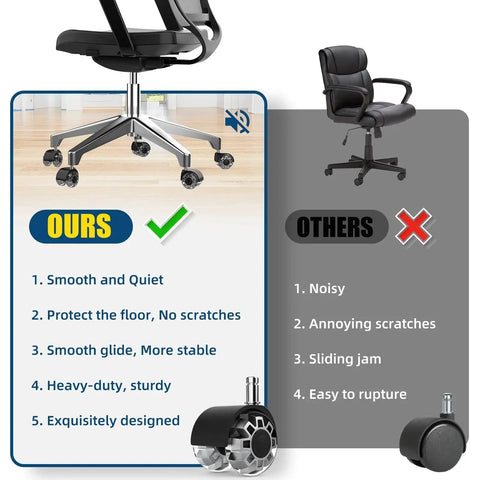Comparison of heavy-duty silent office chair wheels for hardwood floors with standard 7/16 x 7/8 stem against regular casters.
