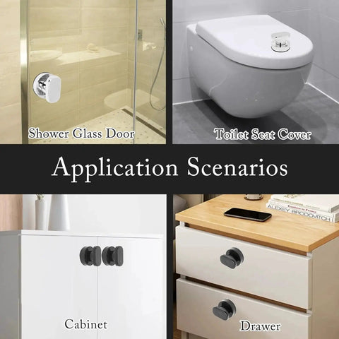 Two Piece Suction Cup Handle Set For Shower Glass Doors And Cabinets No Drill Removable Knob shown on shower door, toilet, cabinet, drawer