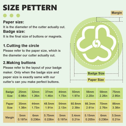 Size pattern for 1 Inch Button Cutter Circle Punch showing badge and paper size dimensions, including detailed measurements.