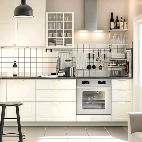 Modern kitchen with Gold Edge Finger Cabinet Pulls 3.15 Inch Aluminum Drawer Handles Set of 5 installed on white cabinets
