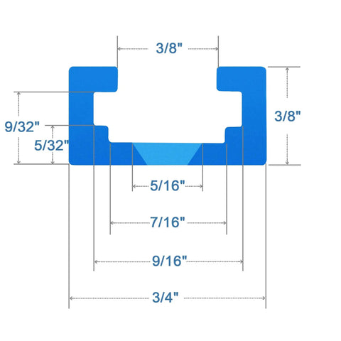 Cross-section diagram of Two 24 Inch Aluminum T Track Set With Hold Down Clamps For Woodworking, fine sandblasted blue finish.
