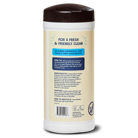 Back label of Streak Free Glass And Window Cleaning Wipes With Vinegar Plant Based Cleaners showing ingredients and instructions.
