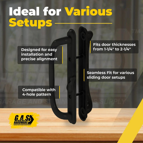 10 Inch Olympus Sliding Patio Glass Door Offset Pull Handle Set Replacement Non Keyed Black Finish Fits 3 15/16 Inch Hole Spacing And 1 1/4 To 2 1/4 Inch Door Thickness With Four Hole Pattern Escutcheon Plate shown in side view.