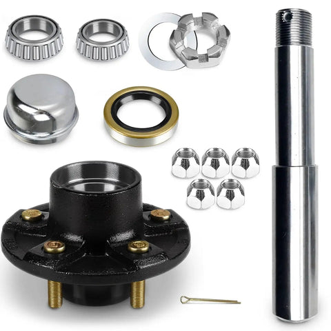 Heavy Duty 2000 Lbs Trailer Circle Hub Kit With 5 By 4.5 Inch Round Hub BT8 1 Inch Spindle Includes Spindle Nut Washer Cotter Pin Inner Outer Bearings And Seal Ready For Dual Axle Towing product components displayed