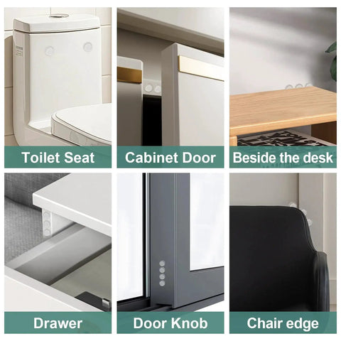 Image showing Clear Adhesive Cabinet Bumpers 0.5 Inch Non Slip Rubber Dots For Soft Close installed on various surfaces.