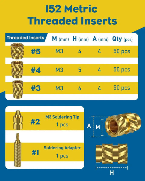 152 Piece M3 Heat Set Threaded Inserts For Plastic With Soldering Tip And Adapter Brass Knurled Nut Inserts Kit In 3 Sizes For Strong Secure 3D Printing Joints shown with size details and components