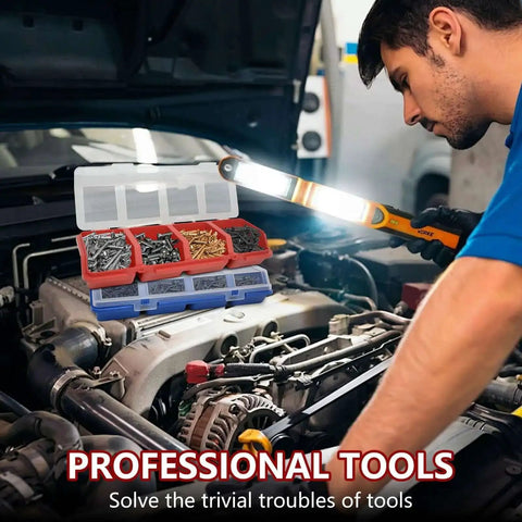Mechanic using light with Four Piece Screw And Nail Organizer Set With Lids on car engine in a garage workshop.