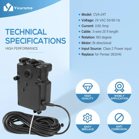 CVA24T Valve Actuator For 24VAC Pool Valves 2 Port Or 3 Port Replacement For Pentair 263045, black unit with cable