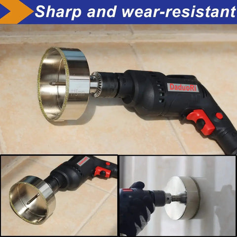 Pro Grade 4.5 Inch Diamond Hole Saw With Center Drill Bit For Marble Granite Ceramics Porcelain Tile Cutting Depth One And A Half Inches Removable Pilot Bit Delivers Clean Fast Dustless Cuts On Thick Countertops shown installed on drill
