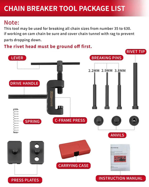 13 Piece Motorcycle Chain Breaker Set With Carrying Case Chain Cutter And Riveter Kit For Chains From 25 To 630 diagrams
