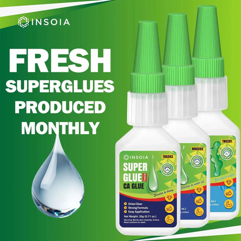 Three bottles of INSOIA medium super glue, showing product label, 20g size, and green caps with fresh production claim.