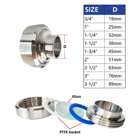 LOZOME 1-1/2 in weld union sight glass, 304 stainless steel body with PTFE gasket and glass viewing pane