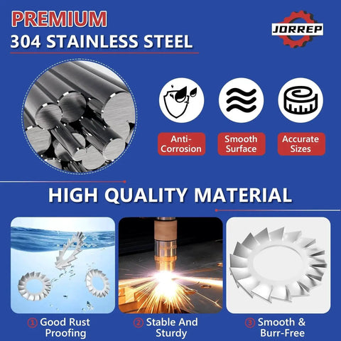 555PCS 304 stainless steel external-tooth lock washer set, 8 sizes M2.5–M12, silver, JORREP