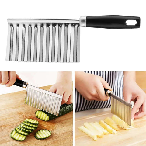 Crinkle Cutter Wavy Knife For Veggies And Fruits Stainless Steel Blade With Ergonomic ABS Handle Durable Kitchen Tool For Slicing Veggies Easy Crinkle Cuts Ideal Veggie Chopper For Home Cooks showing wavy cuts in cucumbers and potatoes