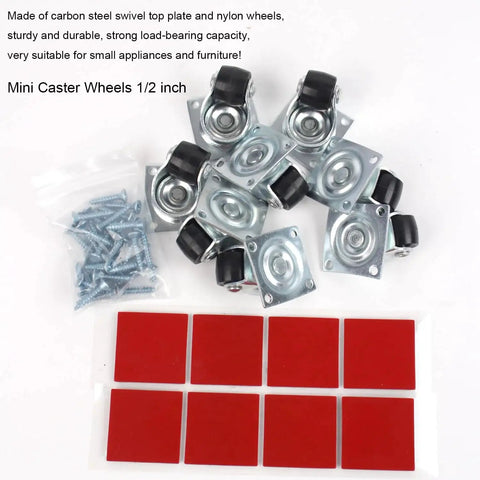 Half Inch Mini Swivel Caster Wheels With Steel Top Plate Self Adhesive Nylon Rolling Casters For Furniture And Small Appliances Low Profile 55 Lb Load Capacity Ideal For Storage Boxes Bins Toy Carts 8 Pack