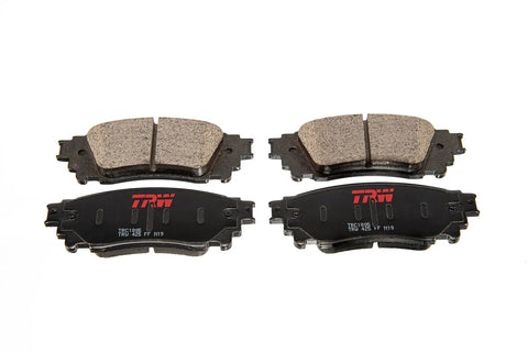 TRW TRH0273 disc brake pad set; front view shows four pads with brown friction material and black backing plates.