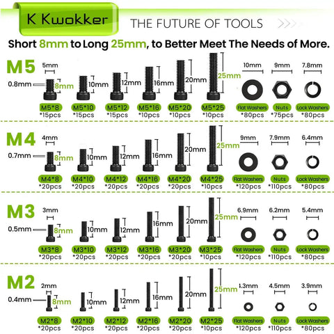 Nut And Bolt Kit With 1570Pcs M2 To M5 Hex Socket Head Screws, Nuts, Washers And Lock Washers, Zinc Plated Alloy Steel
