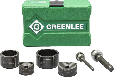 Knockout Punch Driver Kit For One And One Half Inch And Two Inch Holes Manual Round Punch Set With Slug Buster next to green case