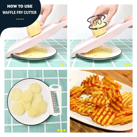 Pink 5 In 1 Mandoline Slicer For Veggies And Potatoes With Peelers Graters And Waffle Fry Cutter in use for waffle cut fries