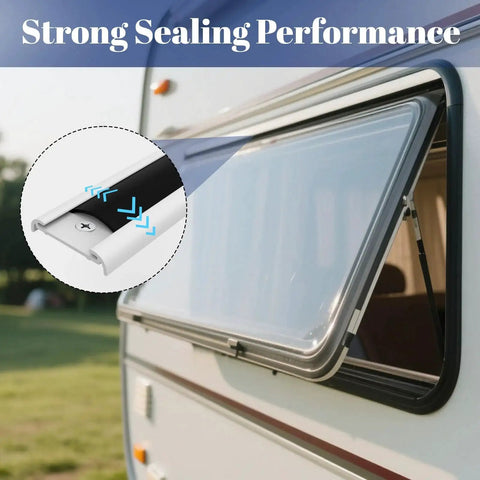 Close-up of RV Vinyl Trim Molding Insert 1 Inch Exterior Weather Stripping For Camper sealing a window edge.
