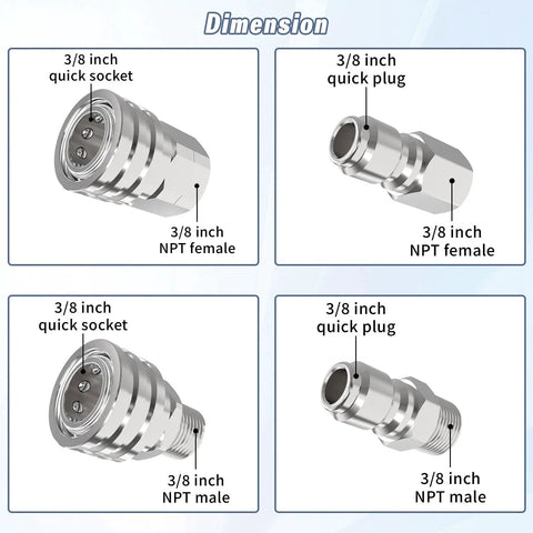 Pressure Washer Quick Connect Kit Three Eighths Inch NPT Stainless Steel Hose Fittings Adapter Set Eight Pieces dimensions