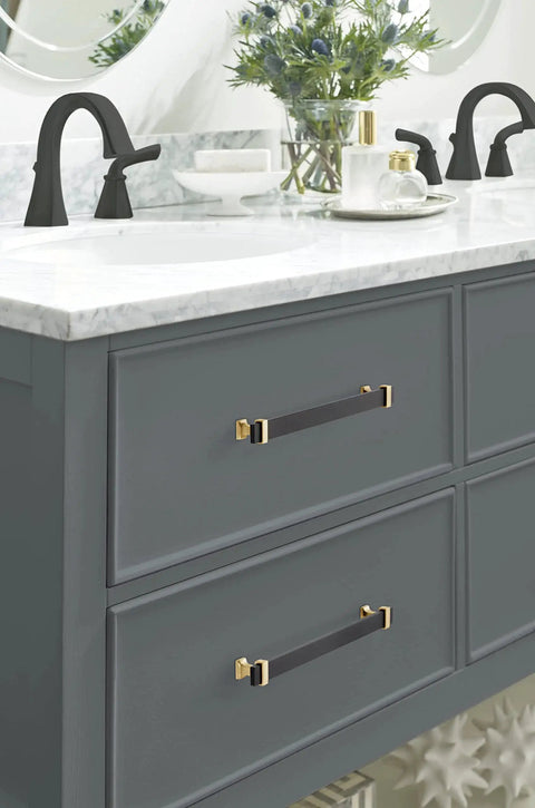 Overton Two Tone Cabinet Pull in Brushed Matte Black and Brushed Gold, 8-13/16 Inch Center to Center on bathroom vanity drawers