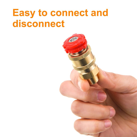Brass Pressure Washer Quick Connect Fittings Kit Converts One Quarter Inch Quick Connect To One Quarter Inch Male NPT, 5000 PSI, Two Pack, Ball Lock Design, Corrosion Resistant And Built To Last For Home And Pro Use Ridge Washer held in hand