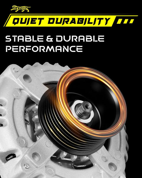 Close-up of Beefed Up 150 Amp 12V Diesel Alternator For Ford Super Duty F250 F350 F450 F550 2011 To 2016 with clutch pulley
