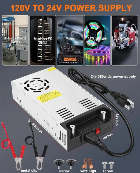 24V 360W DC Power Supply Universal 110V AC to DC 24V 15A Converter with aluminum shell, power cord, clips, and screws