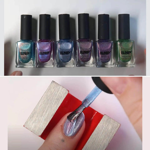 Collection of six ILNP nail polish bottles, various colors, and a person applying colorful magnetic nail polish near a magnet.