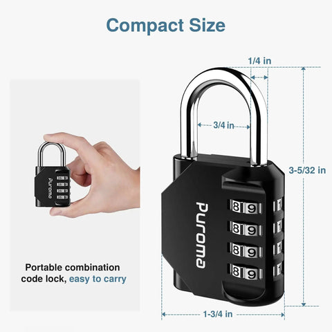 Close-up of compact 2 Pack 4 Digit Combination Padlock with waterproof zinc alloy construction showing 10,000 possible combinations.
