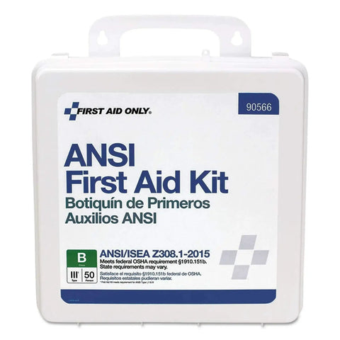 Front view of ANSI 2015 B and OSHA compliant 50 person first aid kit with 199 pieces for office, home, car, and job site readiness.