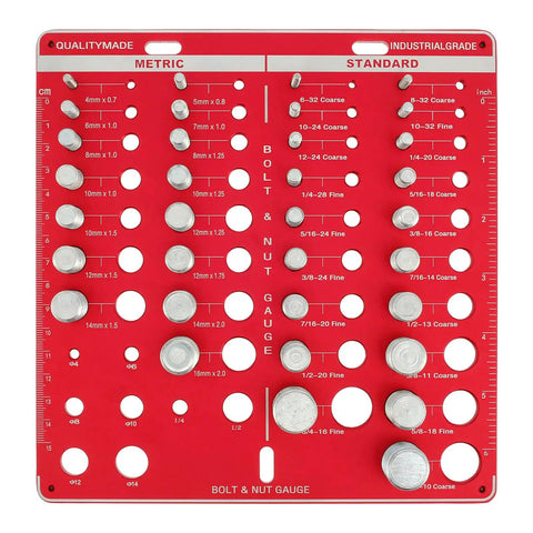 42 Piece Bolt and Nut Thread Gauge Set With 19 Standard Bolts, 15 Metric Bolts, 8 Drill Bit Gauges, Wall Mountable Pro Grade Thread Pitch Ruler In Inch And CM, CNC Aluminum And Stainless Steel top view of gauge with metric and standard measurements