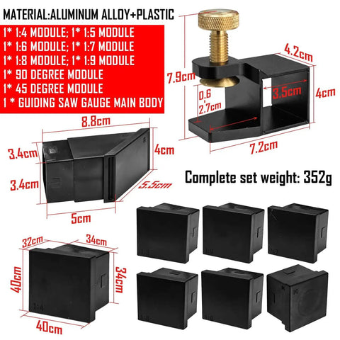 Dovetail Jig Guide With Eight Magnetic Modules Pro Grade For Woodworking Precision Layout And Marking 1 To 4 1 To 9 Ratios Plus 45 Degree And 90 Degree Guides Aluminum Alloy Build Hand Saw Cutting Gauge All In One Wood Joints Saw Guide Kit dimensions shown.