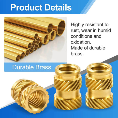 Close-up of brass heat set threaded inserts, M2 to M6, for plastic and 3D printing, demonstrating durable knurled design.