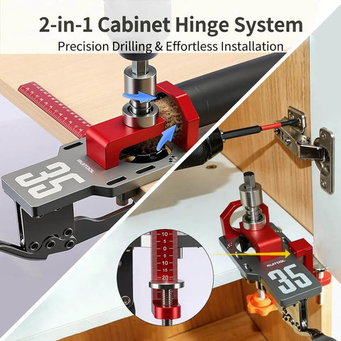 35mm Concealed Hinge Jig System for Cabinets in use on a wooden door, featuring aluminum hardware and dust port, close-up view.