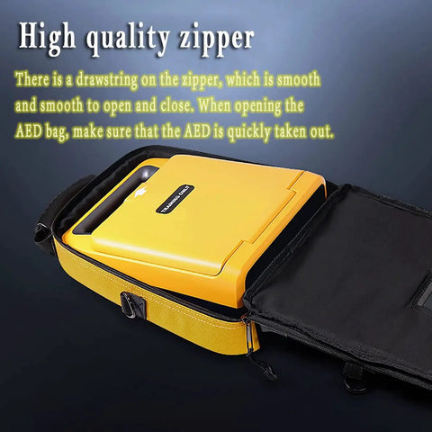 Durable AED Defibrillator Pouch for AED120MC With Two Layer Design showing open case with yellow AED and high quality zipper