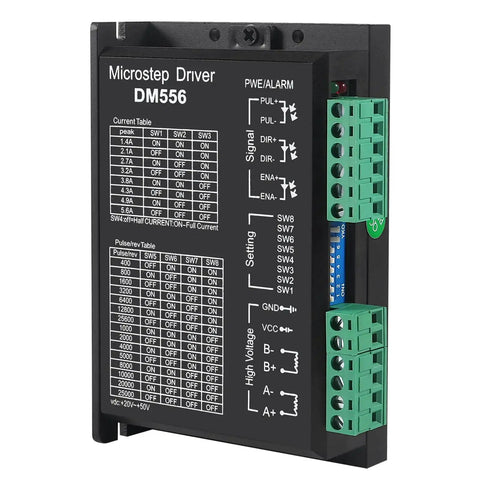 CNC Stepper Driver DM556 with connection ports, 2-phase motor controller for NEMA 17 23 24 34, used in precision milling and DIY CNC projects.