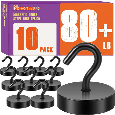 Neosmuk 10-pack magnetic hooks with 80+ lb capacity, black steel design with packaging.