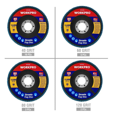 Heavy Duty Flap Discs Set For Metal Wood Concrete With Four And A Half Inch Size And Seven Eighths Inch Arbor T29 Zirconia Grinding Wheel And Flap Discs 20 Pack Grit Kit Includes 40 60 80 120 For Smooth Finishing By WORKPRO shown