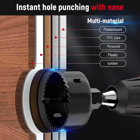 Hole saw cutting through plasterboard, PVC, plywood, plastic, and lumber, part of a Twelve-Piece Hole Saw Kit With Eight Sizes From Three-Quarters Inch To Two And A Half Inches Including Arbors, Drill Bits, And Hex Key, Built Tough For Softwood Plywood And PVC, Great For DIYers And Pros At Home Or On The Job.