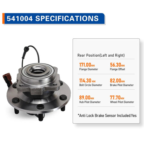Rear Wheel Hub And Bearing Assembly Easy Install Drop In Fit For 2005 To 2012 Nissan Armada, 2004 Pathfinder Armada, And 2004 To 2010 Infiniti QX56 With ABS Replacement For Smooth Operation And Lasting Durability, specifications included.