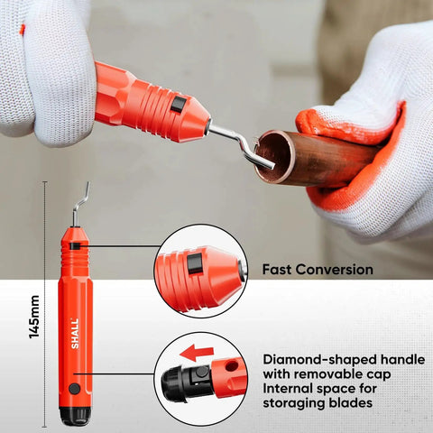 Person using Pro Grade Heavy Duty 4-Piece Tubing Cutter Set For Copper Aluminum Stainless Steel And PVC with deburring tool on copper pipe.
