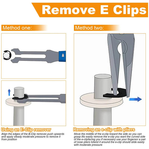 Illustration on how to remove E clips using a remover or pliers for 200Pcs M5 E Clip Circlip Retaining Rings Set Stainless Steel 304 External Snap Rings 10mm OD 5mm ID 0.8mm Thick Built Tough.