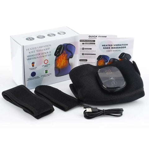 All In One Heated Massager With Heat And Vibration For Knees Shoulders Elbows And More with box and accessories displayed