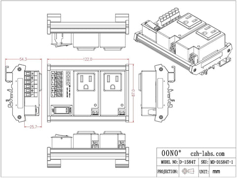Technical diagram of Two Channel IoT Relay Outlet Module For Smart Home Projects With Built In 10 Amp Relays, AC 120V Control, DIN Rail Or Screw Mount.