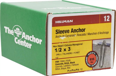Box of Hex Head Sleeve Anchor 1/2 Inch By 3 Inch Zinc Plated 12 Pack Expansion Type Fastener for concrete and masonry use