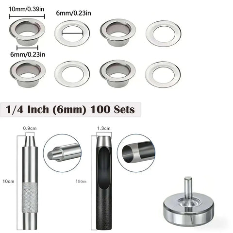 1/4 Inch Grommet Tool Kit With 100 Grommets And Punch Set For Fabric Leather And Canvas Durable Silver Metal Eyelets Kit For DIY Projects